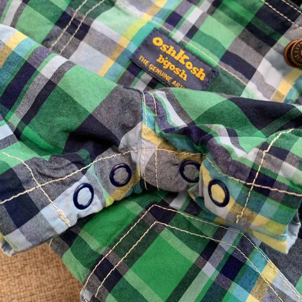 OshKosh B'gosh Green and Blue Plaid Overalls, size 12 mos